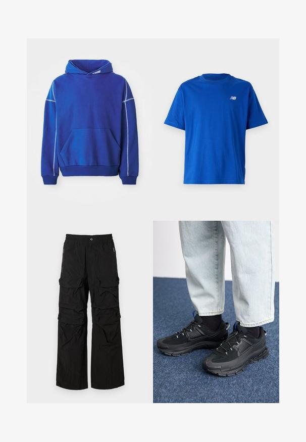Blauwe hoodie van zacht materiaal, met een kangoeroezak, een capuchon met koord en contrasterende lichtblauwe stiksels langs de naden.; Blauwe katoenen t-shirt met een ronde halslijn en korte mouwen. Bevat een klein wit "NB" logo op de borst. Eenvoudig ontwerp, geen patronen.; Zwarte cargobroek met een elastische tailleband, meerdere grote zakken en ritszakken aan de zijkant. Gemaakt van lichte, gestructureerde stof.; Zwarte sportschoenen met gestructureerde stof en rubberen zolen, met elastische veters en een blauwe accent op de hiel. Draag samen met lichte spijkerbroeken.