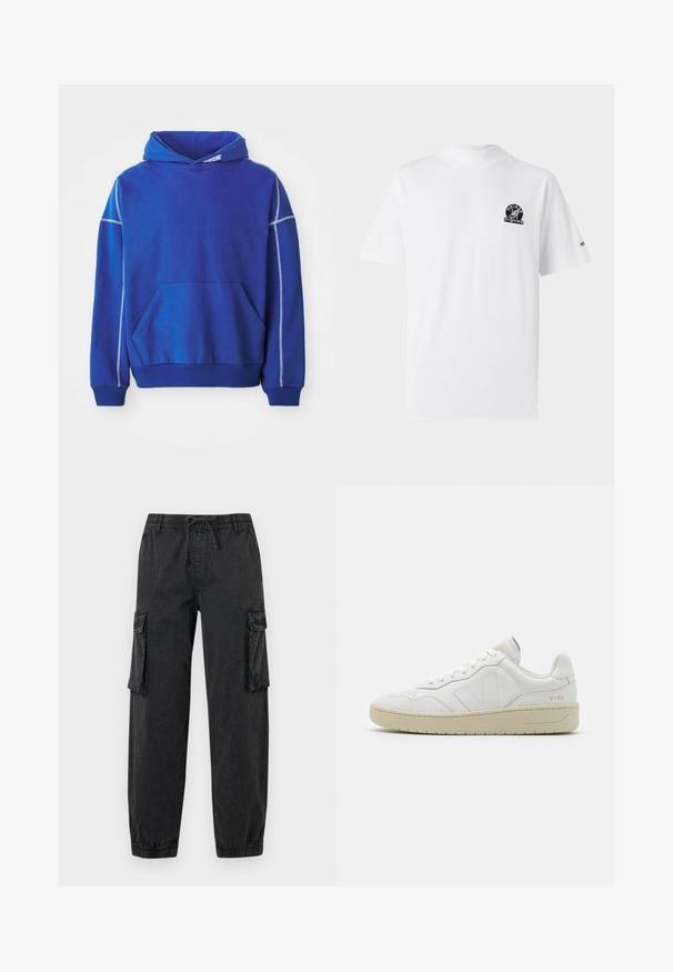 Blauer Hoodie aus weichem Stoff, mit einer Kängurutasche, Kapuze mit Zugband und kontrastierenden hellblauen Nähten entlang der Nähte.; Weißes Baumwoll-T-Shirt mit kurzen Ärmeln. Verfügt über ein schwarzes Logo auf der linken Brust und ein kleines Logo auf dem rechten Ärmel. Klassische Passform.; Schwarze Cargo-Hosen aus strukturiertem Stoff mit einem elastischen Bund und Kordelzug. Mit Seitentaschen und elastischen Bündchen an den Knöcheln.; Weiße Leder-Sneaker mit strukturierter Oberfläche und gepolstertem Kragen. Sie verfügen über eine beigen Gummisohle und dezente Markenkennzeichnung an der Ferse und an der Seite.