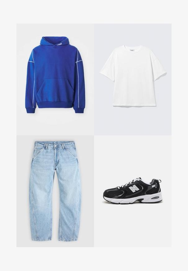 Sudadera azul hecha de tela suave, con un bolsillo tipo canguro, capucha con cordón y costuras en contraste en azul claro a lo largo de las costuras.; Camiseta blanca de gran tamaño con mangas cortas, cuello redondo y hombros caídos, plana sobre fondo gris claro.; Vaqueros de mezclilla azul claro con un corte holgado, cierre frontal con botón y cremallera, bolsillos delanteros inclinados y trabillas para cinturón.; Zapatillas deportivas en negro y gris con parte superior de malla y ante, que cuentan con una entresuela blanca, cordones y un llamativo logo "N" en el lateral.