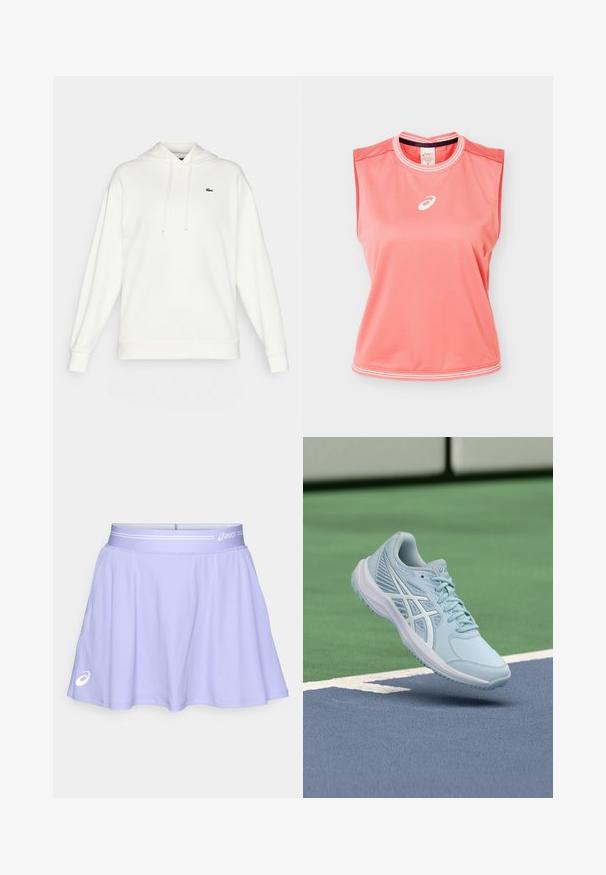 Hvid hoodie lavet af blødt stof, med lange ærmer, en snørt hætte og et lille grønt logo på brystet.; Ærmeløs atletisk tanktop i koralpink med hvide kanter på krave og kant, med hvidt Asics-logo centreret på brystet.; Lys lilla sportskørt lavet af strækbart stof. Har en bred talje med en hvid detalje og et logo nederst til venstre.; Lyseblå sportssko med mesh-overdel, teksturerede detaljer og en polstret sål, svævende over en blå banesurface.