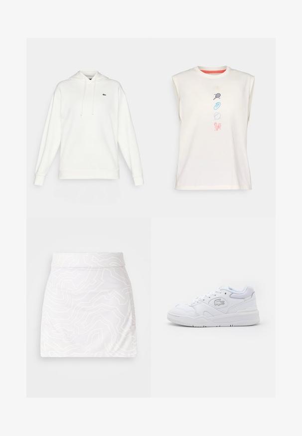 Sudadera blanca de material suave, con mangas largas, capucha ajustable y un pequeño logo verde en el pecho.; Camiseta sin mangas de algodón en color crema claro con cuello redondo, que presenta coloridos iconos bordados: concha de mar, raqueta de tenis, espiral, pelota, gallo.; J.LINDEBERG Sports AMELIE MID PRINT SKIRT - Falda de deporte - grey/lilac; Zapatilla blanca de cuero liso, con una suela ligeramente elevada, puntera perforada y un acento de logo plateado en el lateral.