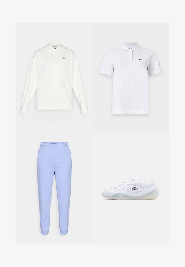 Valge kapuutsiga dressipluus, mis on valmistatud pehmest kangast, omab pikki varrukasid, reguleeritavat kapuutsi ja väikest rohelist logo rinnal.; Valge lühikeste varrukatega polo-särk, millel on kaks nööpi, väike roheline krokodilli logo vasakul rinnal ja diskreetne must logo vasakul varrukal.; Heledad sinine jookse-pants pehmest kangast, millel on elastne vöökoht ja kitsenevad mansetid. Ilma nähtavate mustrite või riistvaradeta.; Valged madala lõikega tossud õhukeste külgedega, läbipaistev tald, paelad ja must Lacoste krokodillilogo väljaspool.