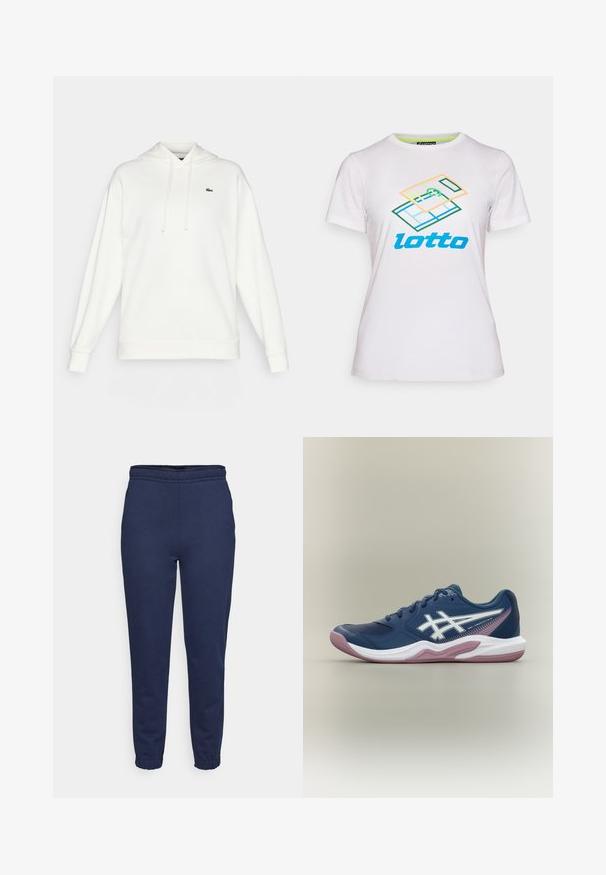 Witte hoodie gemaakt van zacht materiaal, met lange mouwen, een trekkoordkap en een klein groen logo op de borst.; Witte korte mouwen t-shirt van katoen, met een kleurraf geometrische grafiek en het "lotto" logo in het blauw over de voorkant.; Donkerblauwe joggingbroek met elastische tailleband en enkels, vooraanzicht, gemaakt van zacht materiaal voor casual dragen.; Marineblauwe sportschoen met witte en roze zool, wit logo aan de zijkant, vetersluiting en meshdetails op de neus en zijkanten.
