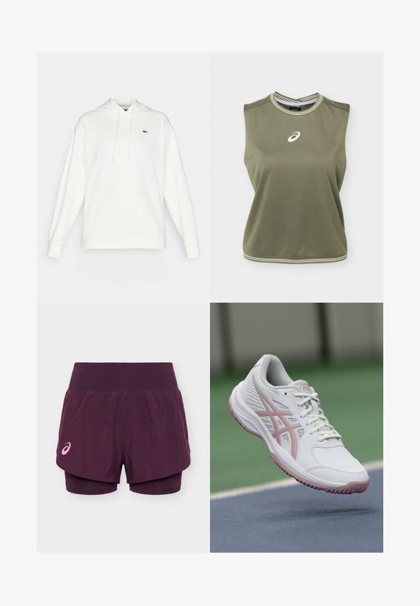 Hvid hoodie lavet af blødt stof, med lange ærmer, en snørt hætte og et lille grønt logo på brystet.; Ærmeløs olivengrøn sports-top med hvidt Asics-logo centreret på brystet, hvidstribet rund halsudskæring og kant.; Lilla dobbeltlags løbeshorts med bredt linning og lille lyserødt Asics-logo på venstre ben.; Hvide sportssko med lyserøde accenter, syntetisk materiale, rund tå, mesh-sider og tekstureret sål. Snørering foran og ASICS-branding synlig.