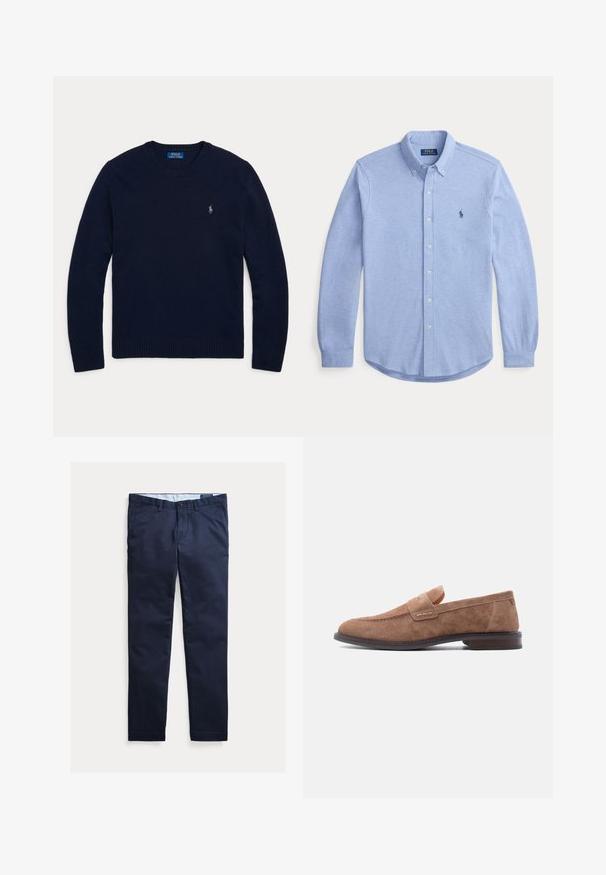 Marineblauer Pullover mit Rundhalsausschnitt und langen Ärmeln, mit gerippten Bündchen und Saum, mit einem kleinen bestickten Polo Ralph Lauren Logo auf der Brust.; Hellblaue Langarmhemd aus weichem Stoff. Mit klassischem Kragen, Knopfverschluss und gesticktem Logo auf der Brust.; Marineblaue Herren-Chinos in schlanker Passform mit Gürtelschlaufen, Vorderknopf und Taschen, flach auf weißem Hintergrund präsentiert.; Hellbrauner Wildleder-Herrenschlupfschuh mit niedrigem Absatz und Penny-Riemendetail, seitlich auf weißem Hintergrund dargestellt.
