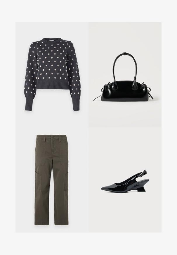 Suéter gris oscuro con escote redondo, que presenta un patrón texturizado de puntos rosa claro y puños y dobladillo de canalé.; Good American CROPPED PANTS - Pantalones cargo - fatigue; Zapato slingback de cuero charol negro con puntera puntiaguda y tacón bajo en bloque inclinado sobre fondo claro liso.; Pequeño bolso negro brillante con dos asas largas y detalles de cordón lateral sobre un fondo claro liso.