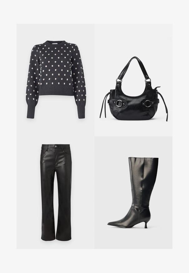 Suéter gris oscuro con escote redondo, que presenta un patrón texturizado de puntos rosa claro y puños y dobladillo de canalé.; Pantalones de cuero sintético negros con un diseño de pierna recta, que incluyen bolsillos frontales y un cierre de botón visible. Textura suave y acabado brillante.; Bota negra de cuero hasta la rodilla, con punta afilada y tacón bajo tipo kitten, mostrada sobre un fondo claro y sencillo.; Bolso de cuero negro con forma redondeada, que cuenta con dos hebillas laterales, textura suave y una correa corta para el hombro. Los detalles incluyen borlas laterales.