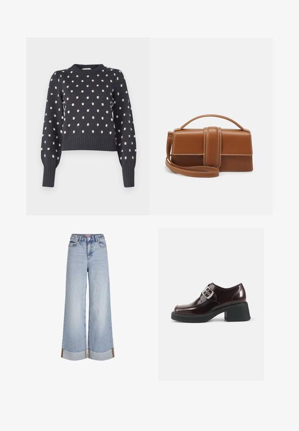 Mørkegrå sweater med rund hals, der har et struktureret mønster af lyserøde prikker samt ribbede manchetter og kant.; Lysblå vide jeans med høj talje, frynsede sømme og kontrasterende syninger, lavet af denim stof.; Bordeaux laklædder sko med firkantet tå, blokhæl og detaljer med side spænde. Har en glat overflade og blød tekstur.; Brun læderrektangulær håndtaske med top håndtag, frontklap, bredt centralt bånd, hvide syninger og aftagelig skulderrem på hvid baggrund.