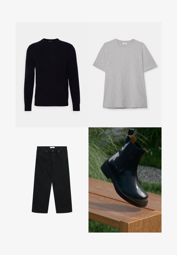 Donkerblauwe crewneck trui met lange mouwen, gemaakt van zachte stof. Heeft een gladde textuur en een klassieke pasvorm, zonder zichtbare patronen of accenten.; Grijze T-shirt met korte mouwen, gemaakt van zacht, textuurstof. Heeft een klassieke ronde hals en een rechte zoom, geschikt voor casual dragen.; Zwarte wijde jeans van denim stof, met een knoopsluiting aan de voorkant, riemlussen en zakken. Gladde textuur, minimalistisch ontwerp.; Zwarte leren Chelsea-boot met een gladde afwerking, elastische zijkanten, ronde neus en dikke rubberen zool, gepositioneerd boven een houten oppervlak.