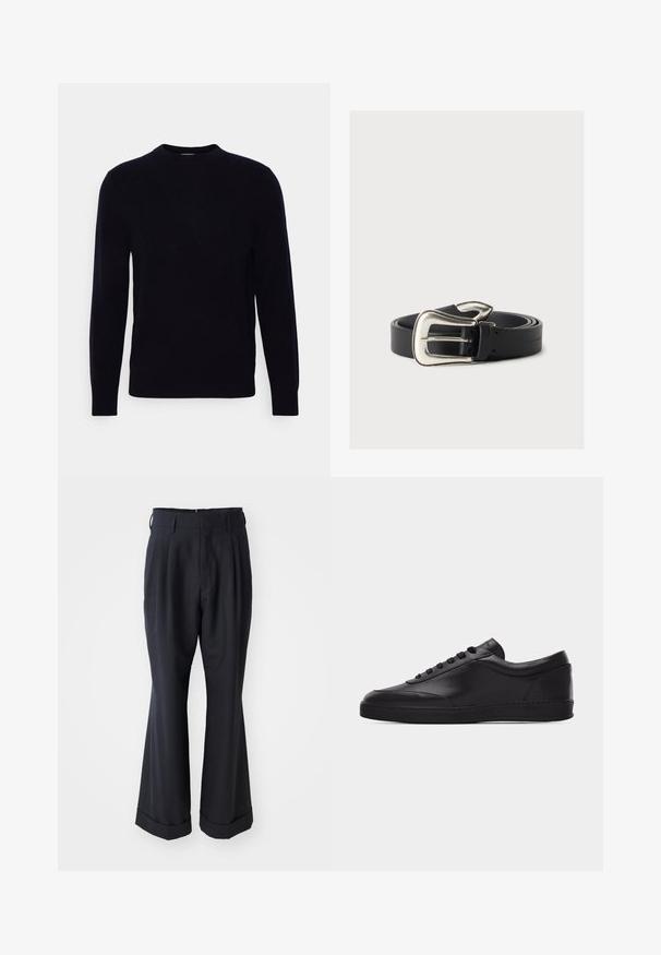 Tmavo modrý sveter s kruhovým výstrihom, dlhými rukávmi, vyrobený z mäkkého materiálu. Má hladkú textúru a klasický strih, bez viditeľných vzorov alebo akcentov.; Čierne nošené nohavice so voľným strihom, plisovaným predným dielom a širokými nohavicami. Majú manžetový lem a hladkú textúru látky.; Čierna nízka kožená teniska so šnurovaním vpredu a plochou gumovou podrážkou, zobrazená z boku na jednoliatom bielom pozadí.; Čierny kožený opasok s veľkou striebornou západnou prackou, stočený na neutrálnej pozadí.