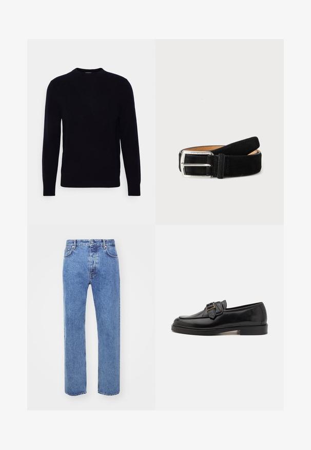 Donkerblauwe crewneck trui met lange mouwen, gemaakt van zachte stof. Heeft een gladde textuur en een klassieke pasvorm, zonder zichtbare patronen of accenten.; Won Hundred STEVE - Relaxed fit jeans - cut blue; Zwarte leren instappers met een ronde neus en een decoratieve gesp. Platte, stevige hak en een gladde textuur overal.; Zwarte suède leren riem met zilverkleurige rechthoekige gesp, netjes opgerold op een effen lichte achtergrond.
