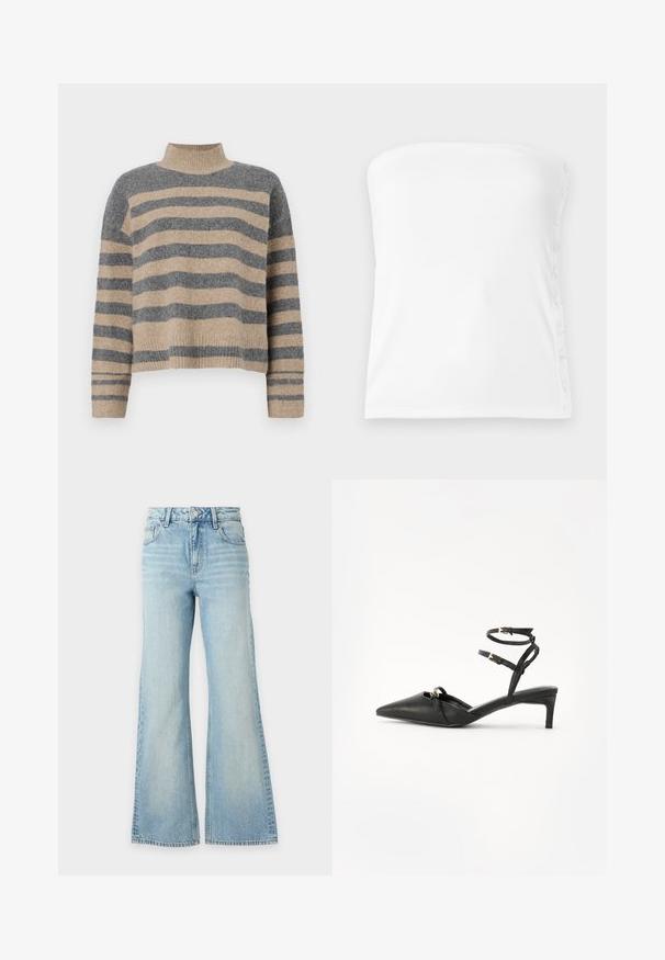 Striktrøje med striber i grå og beige farver, høj hals, brede manchetærmer og en afslappet pasform med et cropped design.; Hvid top uden skuldre lavet af ribbet stof, med en lige udskæring og knapper langs den højre side for justerbar pasform.; Lyseblå denimjeans med høj talje og vide ben, med for- og baglommer og knaplukning.; Sorte læderslingbacksandaler med spidse tæer, tynde ankelremme, guldfarvede hardwaredetaljer og en slank hæl. Glat tekstur og minimalistisk design.