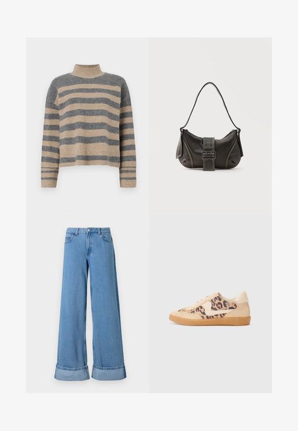 Suéter de punto a rayas en colores gris y beige, con cuello alto, mangas anchas con puños, y un corte relajado con un diseño recortado.; Los vaqueros de denim azul claro de pierna ancha presentan una cintura alta, puños enrollados, un diseño de cinco bolsillos y un cierre de botón con cremallera.; Zapatillas de leopardo con parte superior de ante beige, suela de goma marrón y acentos blancos. Punta redonda y diseño con cordones con un acabado texturado.; Bolso de hombro de cuero negro con detalle de correa con hebilla, bordes curvos y costuras blancas en contraste sobre un fondo liso.