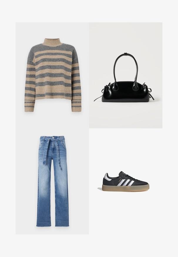 Suéter de punto a rayas en colores gris y beige, con cuello alto, mangas anchas con puños, y un corte relajado con un diseño recortado.; Pantalones de denim azul claro de talle alto con un diseño de pierna ancha, que cuentan con un cinturón de lazo en la cintura y un efecto de lavado desvanecido.; Zapatilla deportiva de cuero negro con tres rayas plateadas, punta texturizada y suela de goma. Cuenta con un collar acolchado y un diseño con cordones.; Pequeño bolso negro brillante con dos asas largas y detalles de cordón lateral sobre un fondo claro liso.