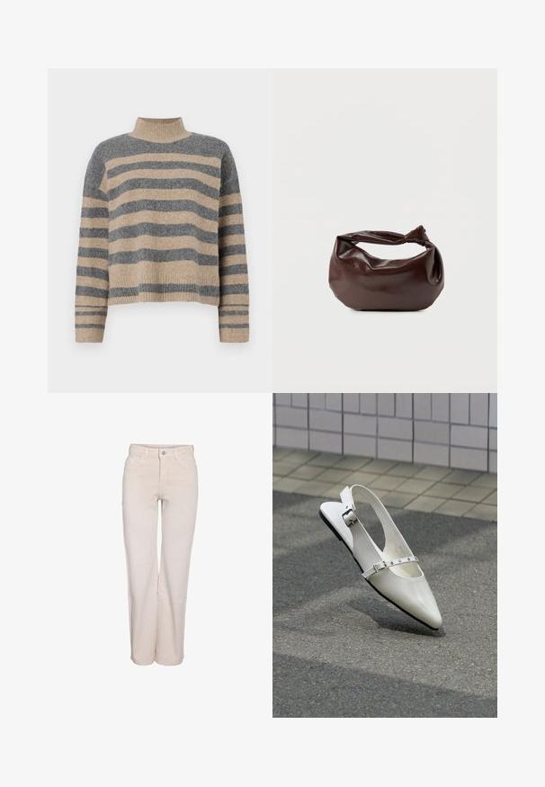 Suéter de punto a rayas en colores gris y beige, con cuello alto, mangas anchas con puños, y un corte relajado con un diseño recortado.; Pantalones de pierna recta color crema con bolsillos delanteros, trabillas para cinturón y cierre de botón y cremallera, mostrados contra un fondo blanco.; Zapato plano blanco con punta puntiaguda y diseño slingback con dos hebillas plateadas, mostrado al aire libre sobre un suelo texturizado y fondo de pared con azulejos.; Bolso de hombro de cuero marrón oscuro con una forma suave y caída, y un asa con nudo torcido sobre un fondo blanco liso.