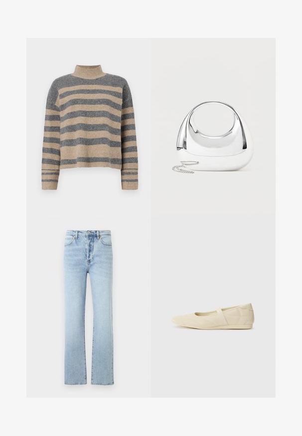Striktrøje med striber i grå og beige farver, høj hals, brede manchetærmer og en afslappet pasform med et cropped design.; Lys blå denim jeans med lige ben-design, featuring høj talje, klassisk fem-pockets stil, og subtil falmning.; Lysebrune ballet flats med en glat læderoverflade, mandelformet tå og elastisk rem over vristen, med diskrete syninger.; Skinnende sølvfarvet metallisk håndtaske med rund form, ovalt udskåret håndtag og en sølvkæde som rem på en ensfarvet lys baggrund.