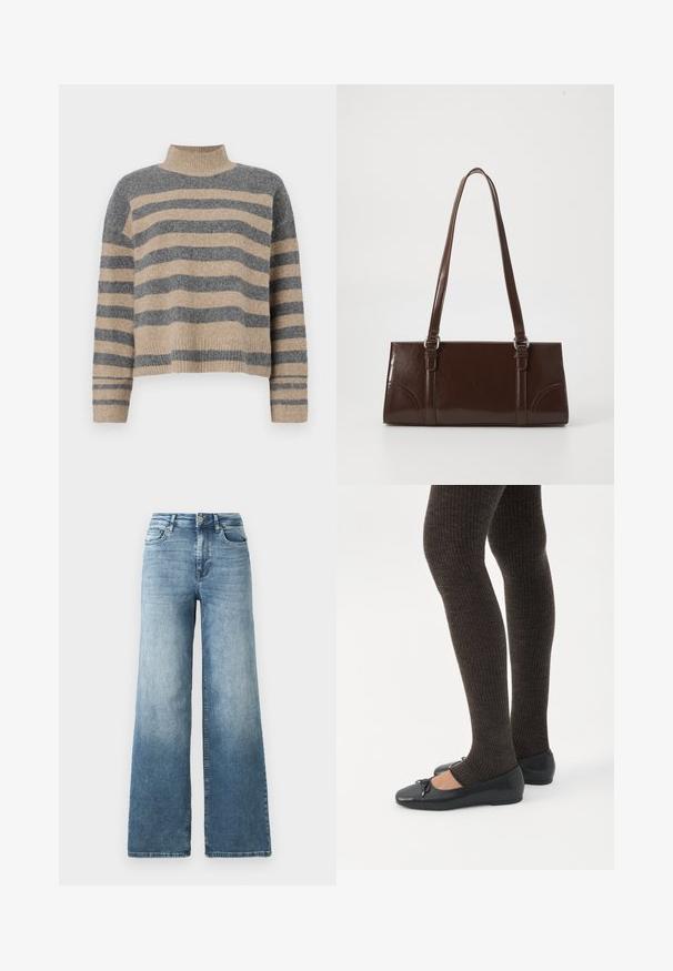 Suéter de punto a rayas en colores gris y beige, con cuello alto, mangas anchas con puños, y un corte relajado con un diseño recortado.; Jeans de denim de pierna ancha en lavado azul claro, con cintura alta, diseño de cinco bolsillos y un ligero desvanecimiento en la tela. Cierre clásico con botón de metal.; Piernas con leggings oscuros acanalados combinados con bailarinas negras que presentan pequeños detalles de lazo sobre un fondo blanco.; Bolso de mano de piel sintética marrón con forma rectangular, dos asas largas y sutiles acentos curvados en la parte delantera.