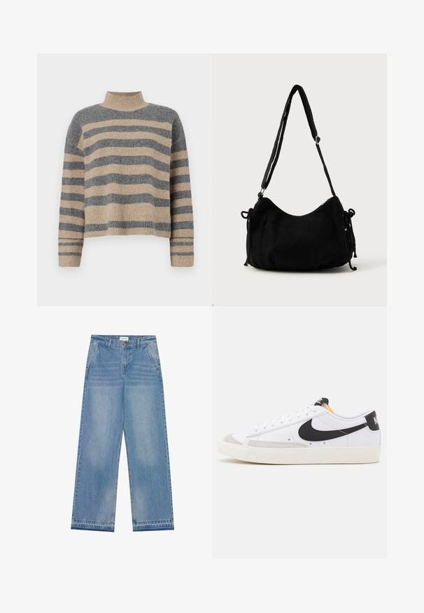Suéter de punto a rayas en colores gris y beige, con cuello alto, mangas anchas con puños, y un corte relajado con un diseño recortado.; Jeans de pierna ancha de cintura alta en azul claro con cierre de botón, bolsillos frontales, pasadores para cinturón y un sutil desgaste.; Zapatillas blancas con swoosh negro, detalles en ante gris y suela de goma color crema. Presentan cordones blancos y un talón negro con marca.; Bolso de hombro de pana negra con forma curva, correa ajustable y cierres de cordón en ambos lados para ajustar el tamaño.