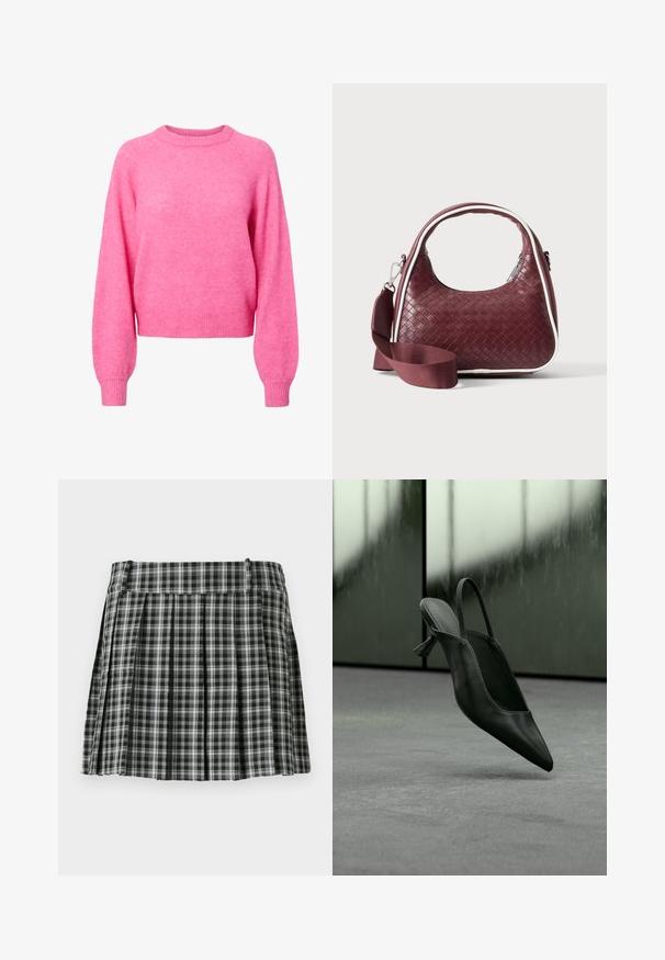 Helles pinkes Langarm-Crewneck-Sweatshirt mit gerippten Bündchen und Saum, aus weichem, flauschigem Strickstoff.; Schwarz-weißer karierter, gefalteter Rock mit einem glatten Bund und mehreren vertikalen Falten. Aus leichtem Stoff gefertigt.; Schwarzer Slingback-Highheel aus Leder mit spitzer Schuhspitze, schwebt über grauem Teppichboden, unscharfer grünlicher Wandhintergrund.; Dunkelrote gewebte Ledertasche mit gebogenem Griff, weißem Besatz, silbernem Reißverschluss und abnehmbarem breitem Stoff-Schulterriemen vor einfarbigem Hintergrund.