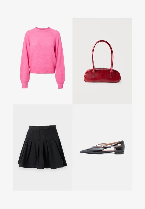 Helles pinkes Langarm-Crewneck-Sweatshirt mit gerippten Bündchen und Saum, aus weichem, flauschigem Strickstoff.; Schwarzer plissee Rock aus Baumwollstoff. Hat eine taillierte Taille und einen ausgestellten Saum. Einfaches Design ohne sichtbare Muster oder Verzierungen.; Schwarze flache Lederschuhe mit spitzer Schuhspitze, offenen Seiten und einem kleinen Knöchelriemen mit silberner Schnallendekoration.; Rote kleine Ledertasche mit langen, abgerundeten Griffen und dezentem Texturmuster vor einem schlichten hellen Hintergrund.