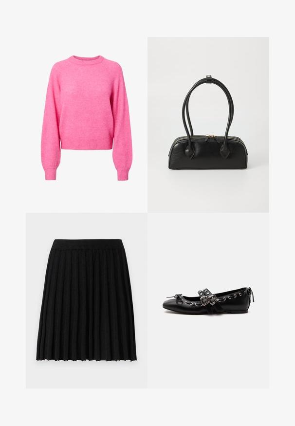 Pull à col rond à manches longues de couleur rose vif avec des bords côtelés et un ourlet, fabriqué en tissu tricoté doux et duveteux.; Vero Moda Knitted VMMARINA Short - Minijupe - black; Chaussure de ballet plate noire avec doubles brides à boucle, œillets argentés et petit nœud près de l’orteil arrondi sur fond blanc.; Sac à main en cuir noir avec deux anses allongées, fermeture éclair et forme arrondie ; texture lisse avec une finition légèrement brillante.