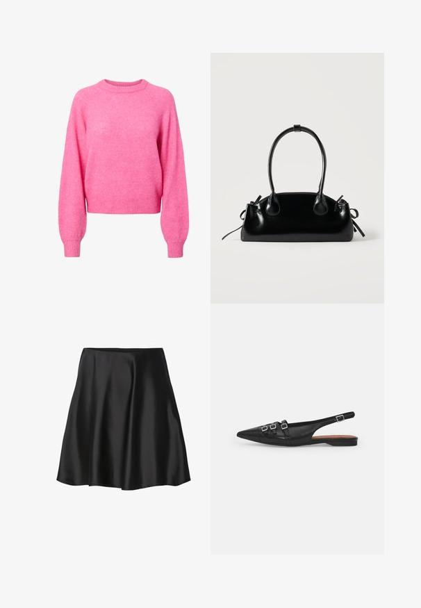 Suéter de cuello redondo de manga larga en un brillante color rosa, con puños y dobladillo acanalados, hecho de suave tejido de punto aterciopelado.; Falda de satén negro con diseño acampanado, que presenta una textura suave y un color sólido. La cintura es elástica para un ajuste cómodo.; Zapato plano slingback de cuero negro con puntera puntiaguda, que presenta dos correas horizontales y hebillas plateadas cuadradas, tacón bajo y textura suave.; Pequeño bolso negro brillante con dos asas largas y detalles de cordón lateral sobre un fondo claro liso.