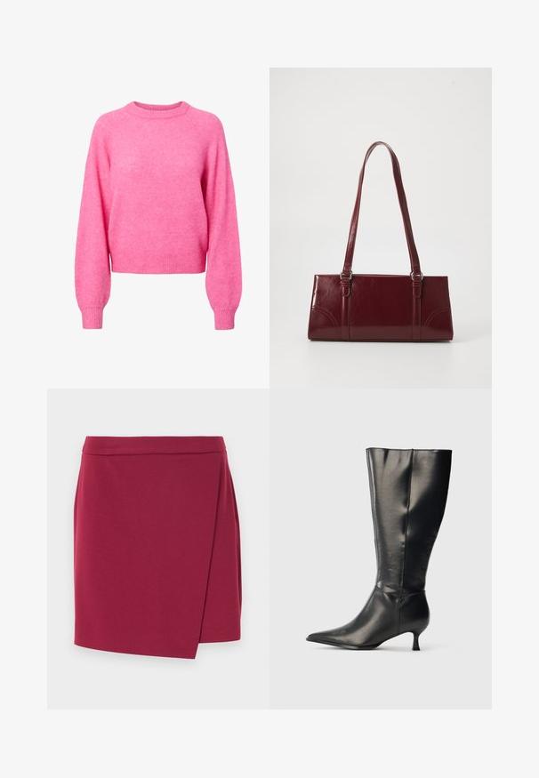 Helles pinkes Langarm-Crewneck-Sweatshirt mit gerippten Bündchen und Saum, aus weichem, flauschigem Strickstoff.; Wickelrock in tiefem Burgunderrot aus weichem Stoff. Verfügt über einen glatten Bund und einen asymmetrischen Saum für eine fließende Silhouette.; Schwarzer kniehoher Lederstiefel mit spitzer Zehenpartie und niedrigem Kittenabsatz, präsentiert vor einem schlichten hellen Hintergrund.; Burgunderfarbene Handtasche aus glänzendem Material, rechteckige Form, mit zwei Schulterriemen und subtilen, geschwungenen Akzenten an der Vorderseite.