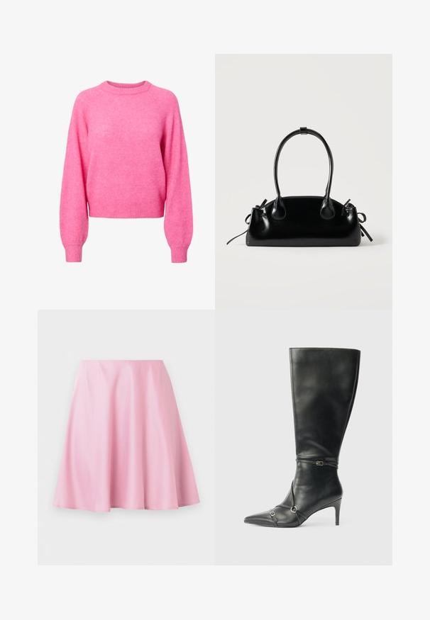 Lys pink langærmet crewneck trøje med ribbede manchetter og kant, lavet af blødt, fuzzy strikstof.; Lyserød knælang A-formet nederdel med glat stof og lette folder, vist mod en ensfarvet hvid baggrund.; Sorte knæhøje støvler i læder med en slank hæl, spids tå og remdetaljer ved anklen. Glat tekstur og tætsiddende design.; Lille sort blank håndtaske med to lange håndtag og snøre-detaljer i siden på en ensfarvet lys baggrund.
