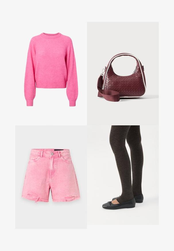 Lys pink langærmet crewneck trøje med ribbede manchetter og kant, lavet af blødt, fuzzy strikstof.; Lyserøde denimshorts med højtaljede, frynsete kanter, forreste knap- og lynlåslukning samt let slidte detaljer nær lommerne.; Ben iført mørke ribbede leggings kombineret med sorte balletsko med små sløjfedetaljer på hvid baggrund.; Mørkerød vævet lædertaske med buet hank, hvid kant, sølv lynlås og aftagelig bred stofskulderrem mod en ensfarvet baggrund.