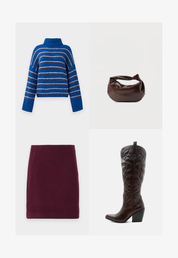 Pull à col roulé bleu avec des rayures horizontales marron, blanches et bleu clair, manches longues et poignets côtelés.; Vero Moda VMFORTUNALLISON SHORT - Jupe trapèze - winetasting; Botte de cowboy haute en cuir marron foncé avec motifs décoratifs cousus, bout pointu et talon bloc empilé.; Sac bandoulière en cuir marron foncé avec une forme souple et décontractée et une anse nouée torsadée sur un fond blanc uni.