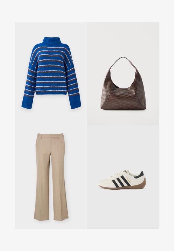 Blå turtleneck sweater med horisontale brune, hvide og lyseblå striber, lange ærmer og ribbede mansjetter.; Beige damebukser med bæltestropper, frontfold og lige brede ben på en ens hvid baggrund.; Hvid Adidas-sneaker med sorte striber, brun tekstureret sål og "SPEZIAL" i guldbogstaver på siden, set fra ydersiden.; Brun flettet læder skuldertaske med en enkelt bred strop og en slasket, halvmåneformet krop.