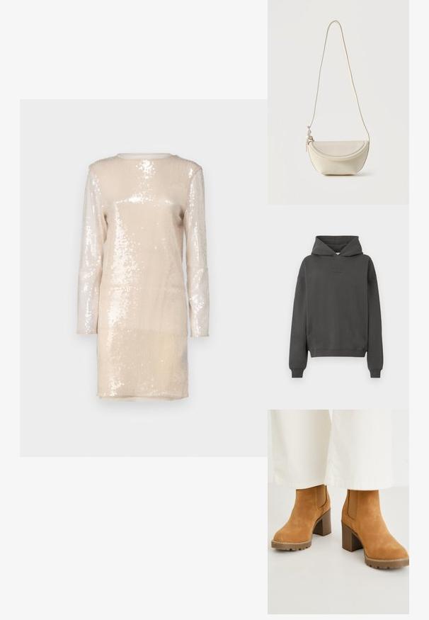 Tumma harmaa huppari, joka on valmistettu pehmeästä materiaalista. Siinä on joustava huppu, ribbien hihansuut ja hienovarainen logo, joka on painettu eteen.; Pitkähihaisen mekon valmistus kimaltavasta beige-kankaasta, joka on peitetty paljeteilla. Mekossa on pyöreä pääntie ja suora leikkaus.; Tan suede nilkkurit paksulla lohkarekorolla, joissa on elastiset sivupaneelit ja karkea pohja pitoa varten. Teksturoitu pinta, jossa on ompelu yksityiskohtia.; Pieni kermaisen värinen nahkainen olkalaukku, jossa on kaareva läppä ja pitkä ohut hihna, roikkumassa yksiväristä taustaa vasten.