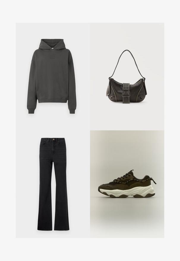 Mørkegrå hoodie lavet af blødt materiale, med snøre i hætten, ribbekantede manchetter og et diskret logo trykt på fronten.; Sorte højtaljede denim jeans med foran knap, bæltestropper og let udvidede ben mod en hvid baggrund.; Chunky mørkebrun sneaker med mesh- og ruskindsdetaljer, hvid tyk sål, sorte snørebånd og trækstrop, set fra siden mod ensfarvet baggrund.; Sort læder skuldertaske med spænde på remmen, afrundede kanter og kontrasterende hvide syninger på en ensfarvet baggrund.