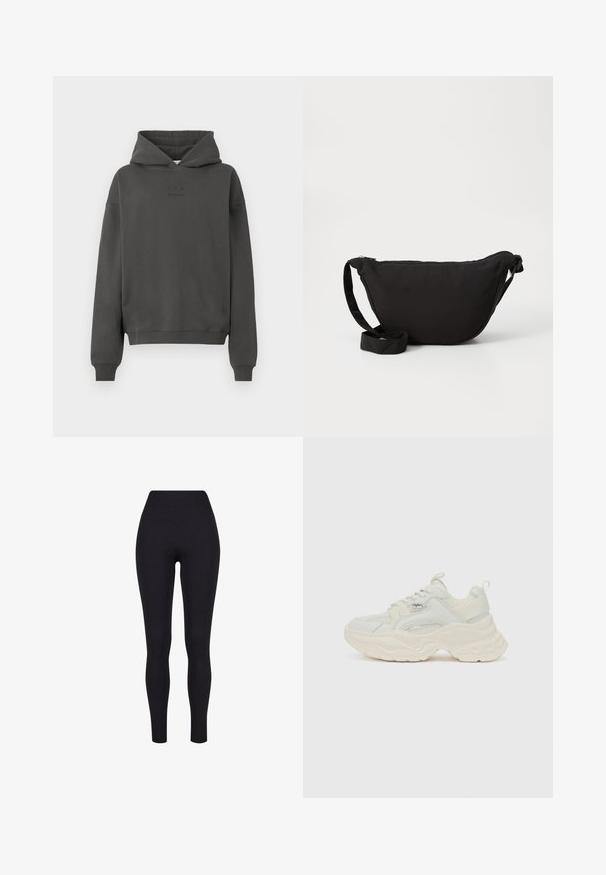 Donkergrijze hoodie van zacht materiaal, met een trekkoord in de capuchon, geribde mouwen en een discreet logo op de voorkant gedrukt.; Zwarte high-waisted legging, gemaakt van rekbaar materiaal, met een gladde textuur en een aansluitend ontwerp zonder zichtbare naden of patronen.; Chunky sneakers in off-white, met een textuurmesh en een glad leren bovenwerk, voorzien van een dikke, golvende zool en merkaanduidingen.; Zwarte hobo tas gemaakt van zachte stof, met een gebogen vorm, een ritssluiting en een brede verstelbare schouderriem. Glad van structuur zonder patronen.