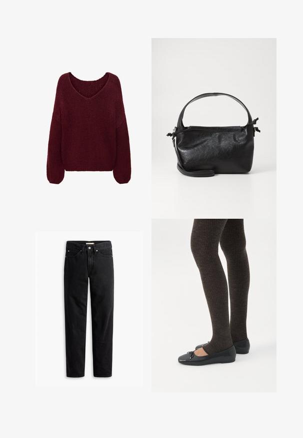 JDY JDYDINEA L/S REVERSIBLE PULLOV. KNT NOOS - Striktrøje - cabernet; Sorte straight-leg jeans med knap- og lynlåslukning, bæltestropper samt for- og baglommer, vist fladt på hvid baggrund.; Ben iført mørke ribbede leggings kombineret med sorte balletsko med små sløjfedetaljer på hvid baggrund.; Sort læderhåndtaske med et struktureret design, rund tophåndtag og aftagelig skulderrem. Den har en glat tekstur og en subtil glans.