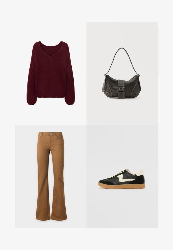 Pull en maille rouge foncé à manches longues et col en V large, avec une coupe ample et confortable.; Pantalon flare en denim marron avec poches avant, passants de ceinture et fermeture par bouton sur fond blanc.; Baskets en daim et cuir noir avec un swoosh latéral crème et un talon crème clair. Dotées de lacets beige et d'une semelle en caoutchouc gomme.; Sac à épaule en cuir noir avec une sangle à boucle, des bords arrondis et des coutures blanches contrastées sur un fond uni.