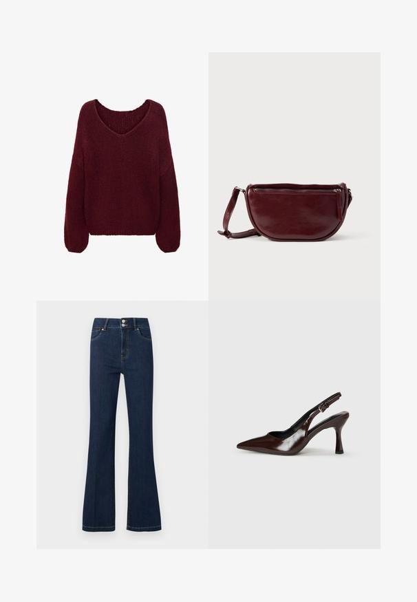 JDY JDYDINEA L/S REVERSIBLE PULLOV. KNT NOOS - Striktrøje - cabernet; Mørkeblå denimjeans med høj talje, dobbelt knaplukning, forlommer og let udvidede ben.; Brune patenterede læderslingback-sandaletter med spids tå, en tynd hæl og justerbar rem med en lille spænde.; Vinrød læderhåndtaske med halvmåneform, lynlås og aftagelig rem. Glat tekstur med en subtil glans.