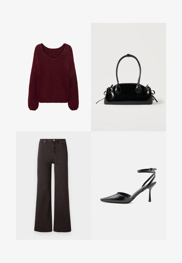 JDY JDYDINEA L/S REVERSIBLE PULLOV. KNT NOOS - Pullover - cabernet; Jeans noirs à jambes larges en denim avec une taille haute, comportant cinq poches et une fermeture à bouton. Texture lisse, design minimaliste.; Escarpin noir à bout pointu avec fines brides de cheville et fermeture à boucle argentée sur fond clair uni.; Petit sac à main noir brillant avec deux longues anses et des détails à cordon sur les côtés sur un fond clair uni.