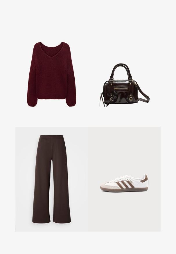 JDY JDYDINEA L/S REVERSIBLE PULLOV. KNT NOOS - Pullover - cabernet; Pantalons larges en marron foncé, fabriqués en tissu doux avec une taille élastique et un ourlet propre, idéaux pour le confort et le style décontracté.; Baskets Adidas Samba blanches avec des bandes en daim marron, semelle en caoutchouc marron et bout en daim beige, vues du côté extérieur sur un fond uni.; Sac à main en cuir verni marron avec double poignées, bandoulière amovible, poche zippée à l'avant et accents en métal doré.