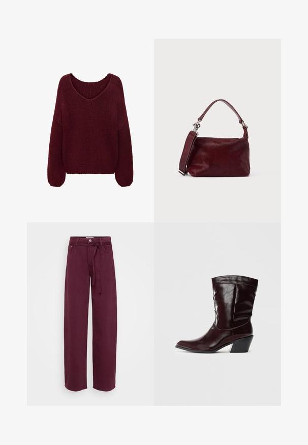 JDY Knitted JDYDINEA Knitted - Striktrøje - cabernet; Bordeaux brede benbukser lavet af bomuld, med en bindebånd i taljen, to forlommer og en knaplukning. Glat tekstur, ingen mønstre.; Bordeaux læder ankelstøvler med spids tå, tekstureret overflade og en lav, taperet hæl. Har diskrete søm og en tætsiddende pasform.; Lille rektangulær burgunderfarvet håndtaske med tekstureret finish, kort hank og aftagelig skulderrem på en ensartet lys baggrund.