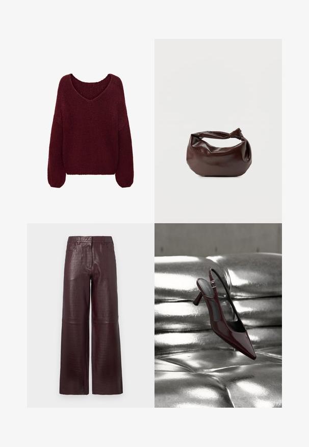 JDY Knitted JDYDINEA Knitted - Striktrøje - cabernet; Højtaljede vide bukser i mørk burgundy imiteret læder med subtil krokodillestruktur og forreste lommer.; Blank mørkerød slingback højhælet sko med spids tå, vist på en skinnende sølvfarvet polstret læderoverflade.; Mørkebrun læder skuldertaske med en blød, afslappet form og et snoet knudehåndtag på en ensartet hvid baggrund.