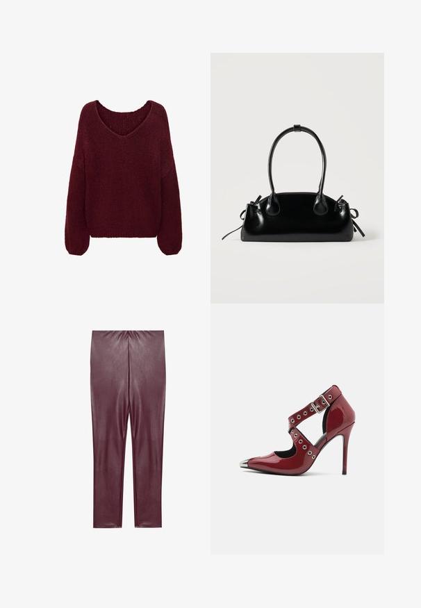 JDY JDYDINEA L/S REVERSIBLE PULLOV. KNT NOOS - Pullover - cabernet; Leggings en simili cuir bordeaux avec une texture lisse, taille haute et design ajusté, descendant jusqu'aux chevilles sans détails supplémentaires.; Escarpin en cuir verni rouge avec un design découpé, des œillets circulaires en argent et un bout pointu, présentant un accent métallique au niveau du bout.; Petit sac à main noir brillant avec deux longues anses et des détails à cordon sur les côtés sur un fond clair uni.