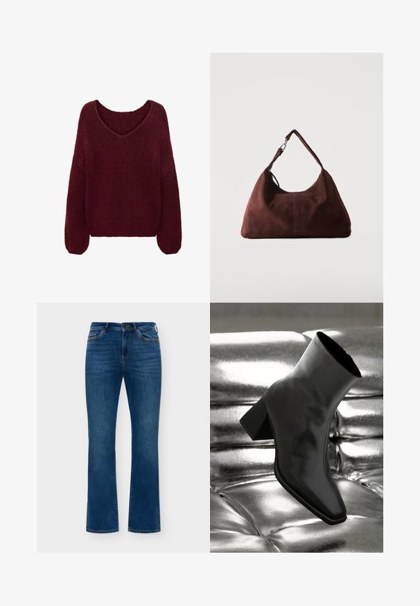 JDY Knitted JDYDINEA Knitted - Striktrøje - cabernet; Blå denimjeans med let falmet, forreste knap og lynlås, fem-lommers stil og lige ben på en ensfarvet baggrund.; Sorte ankelstøvler lavet af glossy materiale med firkantet tå og spidse hæle, sat mod en skinnende sølv tuftet baggrund.; Blød brun ruskind skuldertaske med en enkelt rem og sølvfarvet metal hardware på en ensartet lys baggrund.