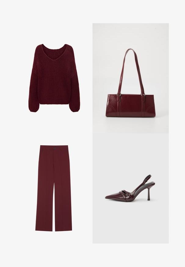 JDY Knitted JDYDINEA Knitted - Striktrøje - cabernet; Bordeauxbukser med bred ben-design, der har en knaplukning, to sidelommer og plissee detaljer foran. Glat stofstruktur.; Bourgogne laklæder slingback-hæl med spids tå, tynd ankelrem og lille dekorativ spænde. Glat tekstur og høj hæl.; Bordeaux håndtaske lavet af glansfuldt materiale, rektangulær form, med to skulderremme og subtile buede detaljer på forsiden.