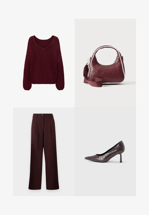 JDY JDYDINEA L/S REVERSIBLE PULLOV. KNT NOOS - Πουλόβερ - cabernet; Φαρδιά παντελόνια στην σκούρα μπορντό απόχρωση, διαθέτοντας ψηλή μέση, δύο πιέτες μπροστά και κλείσιμο με δύο κουμπιά. Κατασκευασμένα από υφασμάτινο υλικό υφής.; Τακούνια καφέ τεχνητού δέρματος με μυτερή μύτη και υφή κροκοδείλου, με λεπτό, γωνιώδες τακούνι και απαλό εσωτερικό επένδυση.; Χειροποίητη καφέ δερμάτινη τσάντα με καμπυλωτή λαβή, λευκή επένδυση, ασημένιο φερμουάρ και αφαιρούμενο φαρδύ υφασμάτινο λουρί ώμου σε μονόχρωμο φόντο.