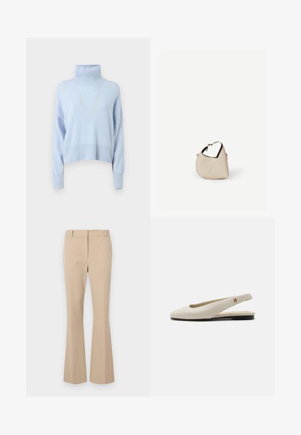 Pull léger bleu en col roulé fabriqué dans un tissu doux, avec un design court, des manches longues et des bords côtelés.; Pantalons beiges ajustés avec une coupe droite, présentant un devant plat, des passants de ceinture et une texture lisse. Pas de poches ni de motifs visibles.; Chaussure plate slingback en cuir couleur crème avec un bout arrondi et un petit emblème doré sur la bride.; Sac à main en cuir beige en forme de croissant avec une seule bandoulière et des coutures minimalistes, posé sur un fond blanc uni.