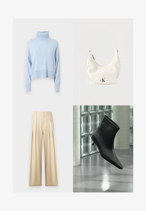 Pull léger bleu en col roulé fabriqué dans un tissu doux, avec un design court, des manches longues et des bords côtelés.; Pantalons larges beige en tissu lisse. Présentent des plis nets, une taille haute et des détails de couture subtils pour un look ajusté.; Bottine en cuir noir à bout pointu et petit talon kitten, présentée en angle devant un sol poli et un mur en blocs de verre.; Petit sac à main blanc en forme de croissant avec une courte bandoulière, fermeture éclair et logo "cK" noir sur le devant.