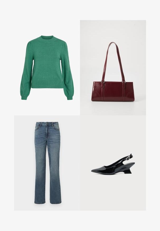 Pull en maille verte avec un col rond, des manches longues bouffantes et un ourlet côtelé. Texture lisse et silhouette ajustée.; Jean en denim droit bleu avec fermeture à bouton et zip à l'avant, poches avant et arrière, et un léger effet délavé.; Chaussure slingback en cuir verni noir avec bout pointu et petit talon bloc incliné sur fond clair uni.; Sac à main bordeaux en matériau brillant, de forme rectangulaire, avec deux anses et des accents légèrement courbés à l'avant.
