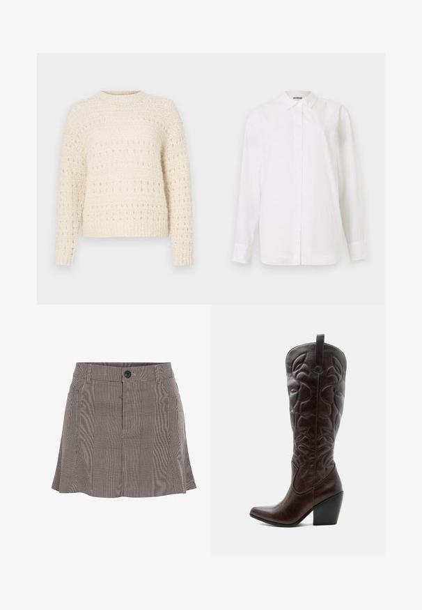 Cremefarvet sweater med struktureret strik, der har vandrette bånd og åbne masker. Rund halsudskæring og lange ærmer. Blødt, chunky materiale.; Hvid skjorte med knap-lukning lavet af glat stof. Har en klassisk krave, lange ærmer og en lige pasform uden synlige mønstre eller udsmykninger.; Rutete nederdel i sort og hvid, lavet af letvægtsstof, med en talje med en knap og plisseret design for ekstra detalje.; Høj mørkebrun læder cowboystøvle med syede dekorative mønstre, spids tå og stablet blokhæle.