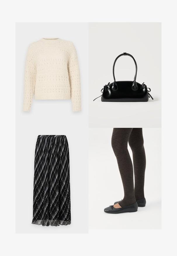 Pull en crème avec un tricot texturé, mettant en avant des bandes horizontales et des mailles ouvertes. Col rond et manches longues. Matière douce et épaisse.; Jupe plissée noire avec un motif diagonal blanc et gris, fabriquée en tissu doux et léger, dotée d'une taille élastique.; Jambes portant des leggings côtelés foncés associés à des ballerines noires avec de petits détails en nœud sur fond blanc.; Petit sac à main noir brillant avec deux longues anses et des détails à cordon sur les côtés sur un fond clair uni.